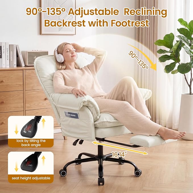 Criss Cross Office Chair with Flip Arms & Footrest, Comfy Desk Chair,Beige | Cross Legged Office Chair, Wide Seat Reclining Desk Chair with Wheels, Vanity Chair with Pocket Spring Seat and Side Pockets