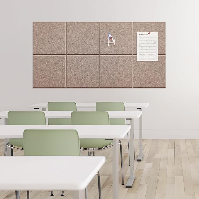 1/2'' Ultra Thick Felt Bulletin Pin Board Corkboard for Office Wall | Half Inch Dense Polyester Felt Board, Frameless, Modular, Zero Crumbling, Removable Adhesive Tabs, 8 Pack 12'' Squares Tiles
