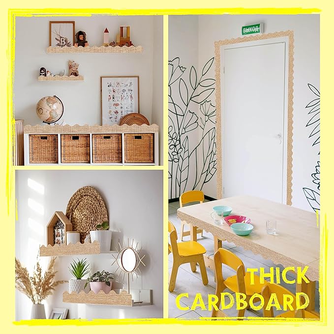 60 Feet Bulletin Board Border, 49 Sheets Burlap Scalloped Border Trim Board Border with Wavy Line Design Decoration for School, Classroom & Offices