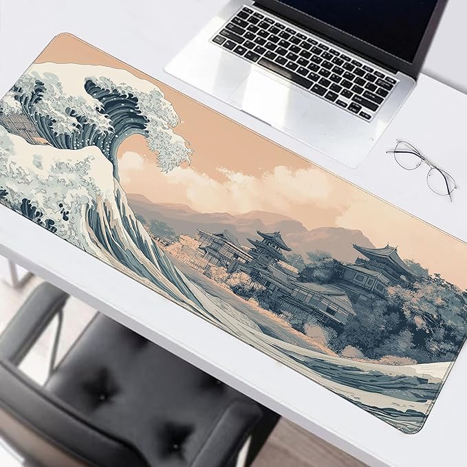 Long Gaming Mouse Pad Extended Anime Large Desk Pad with Non-Slip Base Full Keyboard Mat with Stitched Edges for Gaming and Office 31.5 x 11.8 inches (Town Wave)