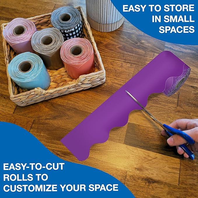 Carson Dellosa Education 65Ft of Purple Bulletin Board Borders, 1 Roll of Scalloped Trim for Rolling Whiteboard, Cork and Posterboard, Party, Office Decorations, and Classroom Decor