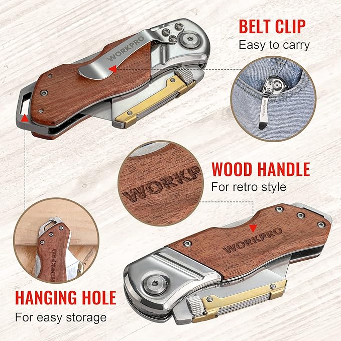 WORKPRO Folding Utility Knife with Belt Clip and Extra 10-piece Blades, Wood Handle Heavy Duty Cutter, Quick-change & Back Lock