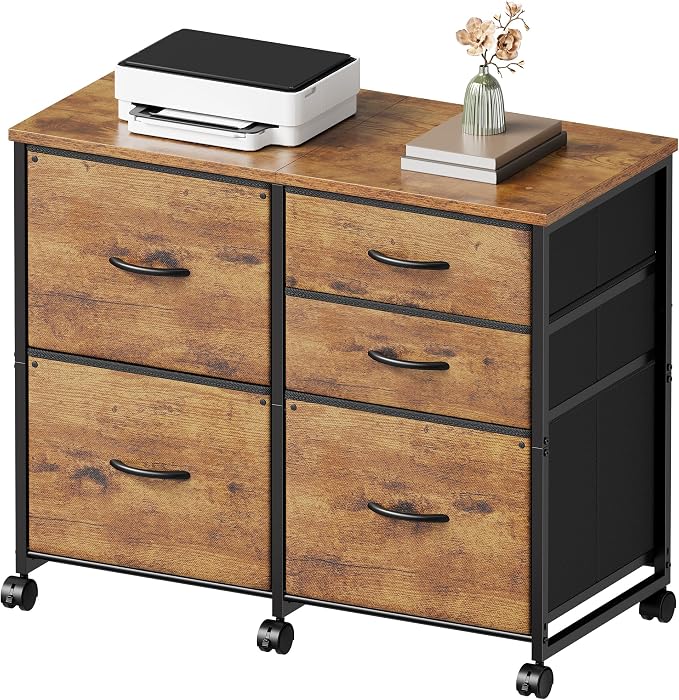 YeTom Lateral File Cabinet with 5 Drawers Rolling Filing Cabinets Under Desk Storage Printer Stand with Wheels,Mobile File Cabinet for Home Office,Rustic Brown