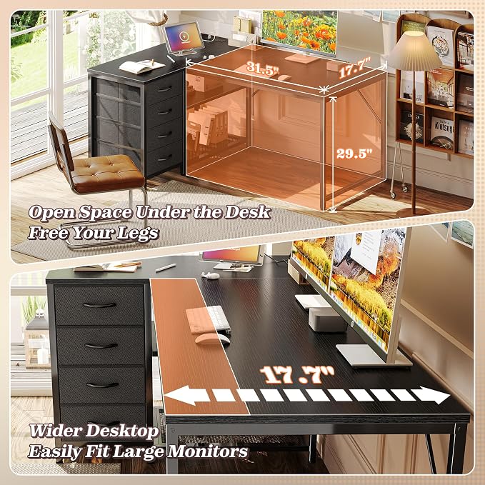 43.3" Small L Shaped Desk with Power Outlets & 4 Drawers | Reversible Computer Desk with 2 Storage Shelves, Corner Office Desk for Gaming Writing Work Study, Black