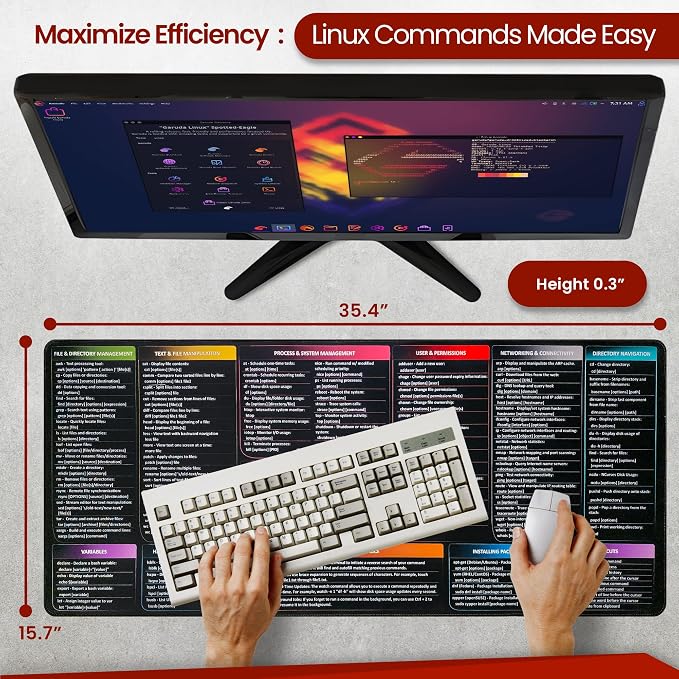 Linux Commands Mouse Pad | Shortcuts Cheat Sheet to Kali/Red/Hat/Ubuntu/OpenSUSE/Arch/Debian/Unix | Extended Large Cheat Sheet Desk Pad | 35.5" x 15.7" | Programmer Gifts