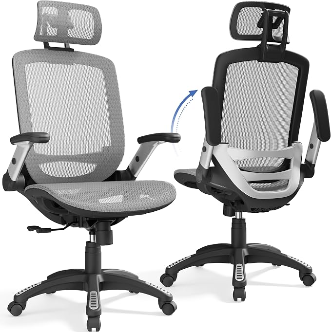 Ergonomic Office Chair, High Back Home Desk Chair with Headrest, Flip-Up Arms, 90-120° Tilt Lock and Wide Cushion, Big and Tall Mesh Chairs for Man Woman, Grey Task Chair