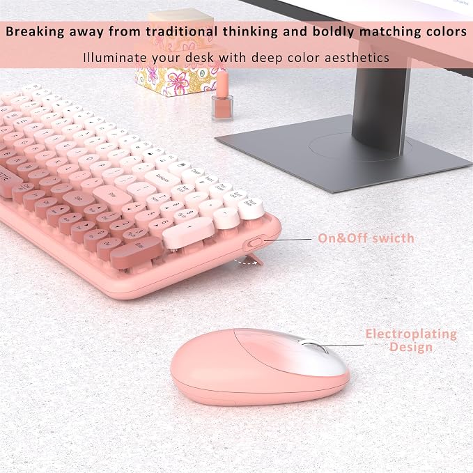 UBOTIE Wireless Keyboards and Mouse Combo (Peach Gradient) | Colorful Gradient Rainbow Color Retro Typewriter Flexible Keyboard, 2.4GHz Connection and Optical Mouse for PC Wins Mac