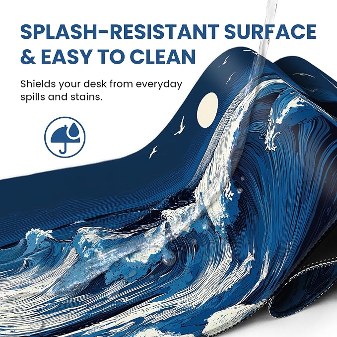 Aesthetic Desk Mat, Cute Moonlit Waves Desk Pad Protector for Work & Decor, 35.4" x 15.7", Pretty Non-Slip Extended Mouse Pad for Office or Home