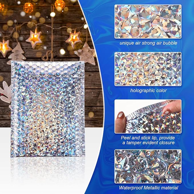 50 Pieces Bubble Mailers 3 Sizes Self Seal Adhesive Poly Mailers Metallic Foil Glitter Padded Shipping Bubble Envelopes for Valentine Mailing Packing Small Business(Glitter Silver)