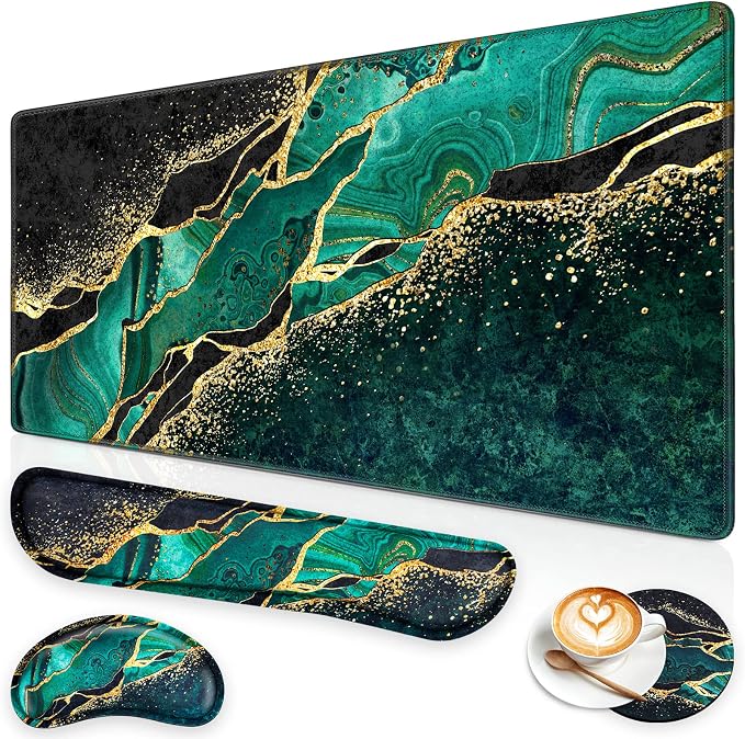 Canjoy Desk Mat with Wrist Rest, Keyboard and Mouse Pad Wrist Support Pad | 4-in-1 Big Large Mouse Pad(35.4×15.7in) + Keyboard Wrist Rest + Coaster, Marble Keyboard Mat Computer Desk Pad Memory Foam