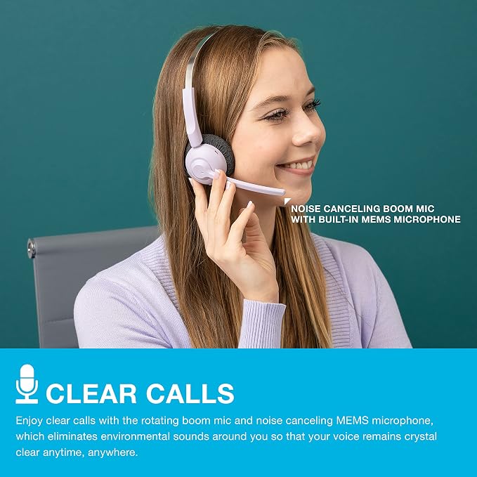 JLab Go Work Pop, On-Ear Wireless Headset, Bluetooth Multipoint, Noise Canceling Boom Mic, Lilac