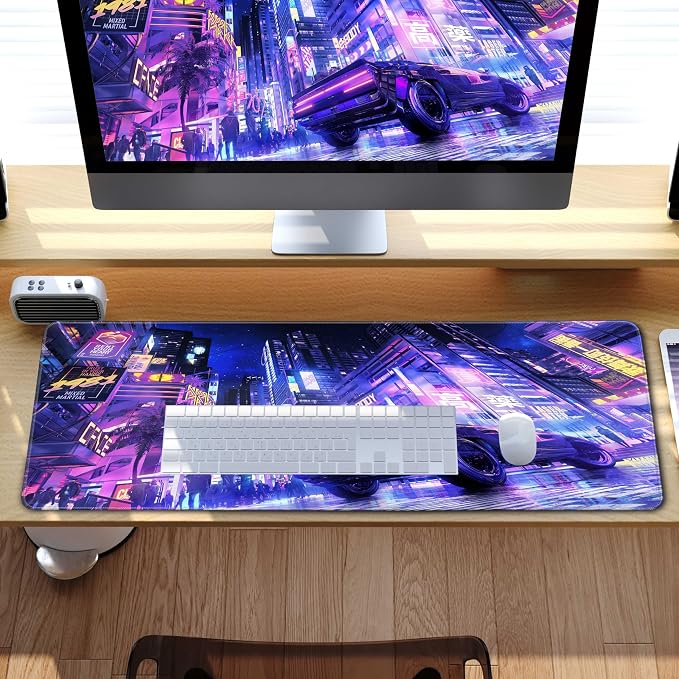 Extended Large Mouse Pad, XL Gaming Mousepad 31.5 x 11.8 Inch,Full Desk Keyboard Mat with Stitched Edges Big Computer Keyboard Desk Pad for Gaming Office, Futuristic Neon City