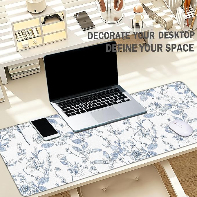 Light Blue Mouse Pad, Blue Flroal Desk Mat for Desk 31.5x11.8 | Light Blue And White Desk Mat, Chinoiserie Desk Mat Aesthetic, Flroal Desk Pad For Computers Office, Blue Office Supplies