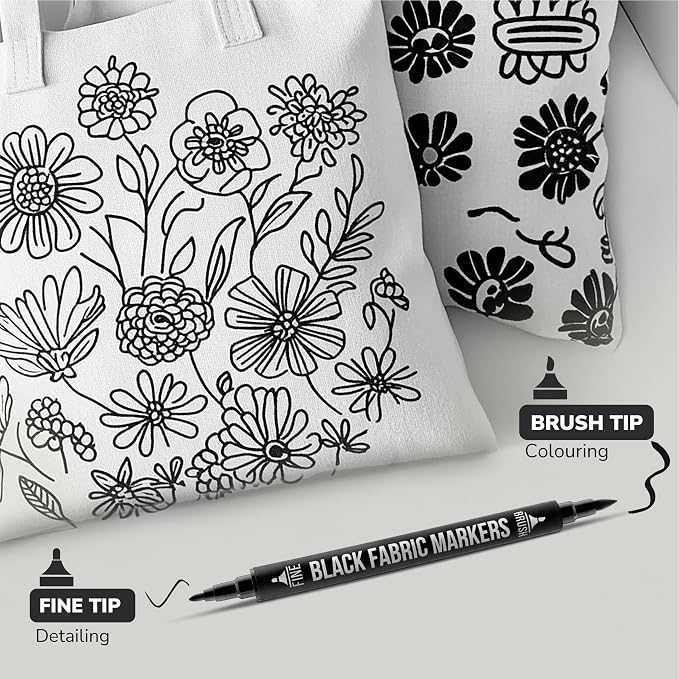 Zenacolor 5 Dual-Tip Black Fabric Markers Permanent for Clothes - Fabric Paint Pens for Personalizing Shirts Bags Hats Canvas and Textiles