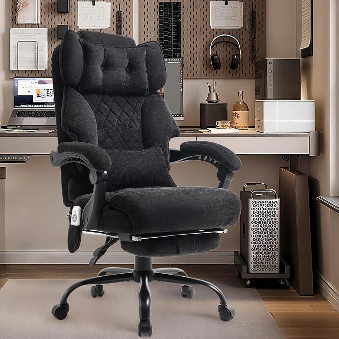Office Chair with Foot Rest,3D Kneading Massage & Heat Executive Office Chairs for Heavy People,500LBS Big and Tall Office Chair,Ergonomic Desk Chair,Home Office,Dual-Use Pillow,BlackCloth