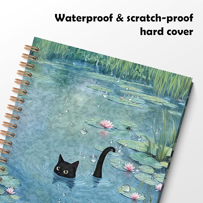 ROXMART Funny Black Cat in Water Lily Pond Spiral Notebook Journal, Cat Lover Mom Lady Gifts for Women, Whimsical Cute Black Kitty Kitten Hardcover Notebook Journal, 5.5x8.3 Inch