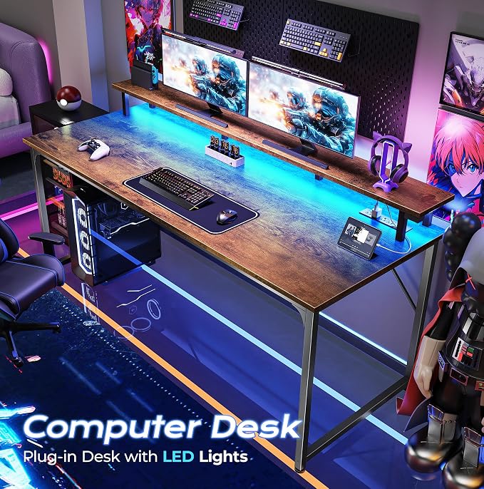 55 inch Gaming Desk, LED & Outlets, Monitor Stand, Rustic Brown | Sturdy PC Desk for Home Office, Study & Work, LED Lights, 4 AC Outlets & USB-C Charging Station