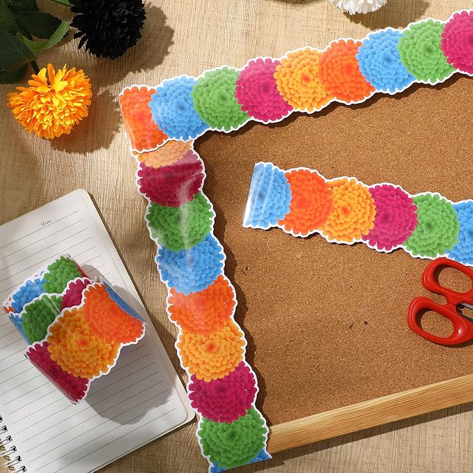 32.8 Ft Marigold Bulletin Board Borders, Multicolor Scalloped | Bright Patterns in Classrooms, Fiestas, Spanish Displays, Day of the Dead Themes, Scalloped Edges Ideal on Boards Decor