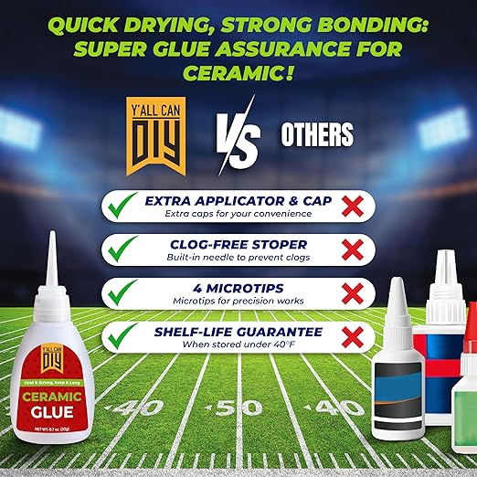 Y'allCanDiy Waterproof Super Glue for Ceramic - Ceramic Glue Repair for Pottery, No Smell After Cure. Best Cyanoacrylate Based Adhesive for China and Porcelain
