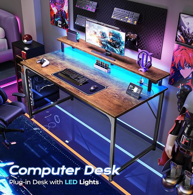 40 inch Gaming Desk, LED & Outlets, Monitor Stand, Rustic Brown | Sturdy PC Desk for Home Office, Study & Work, LED Lights, 4 AC Outlets & USB-C Charging Station