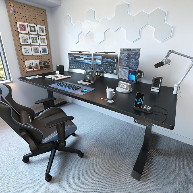 FEZIBO Standing Desk 83 × 37 Inch Electric Height Adjustable, Black | 1" Thick Large Adjustable Desk with Integrated Dual-Beam, Cable Management, Computer Desk for Home Office Workstation
