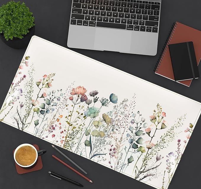 Floral Desk Mat Beige Boho Desk Pad, Large Extend Mouse Pad XXL, Cute Minimalist Flowers Keyboard Mat, Esthetics Desktop Mat Laptop Wireless Mouse Mat for Desk, Gift for Women 31.5"x15.75"