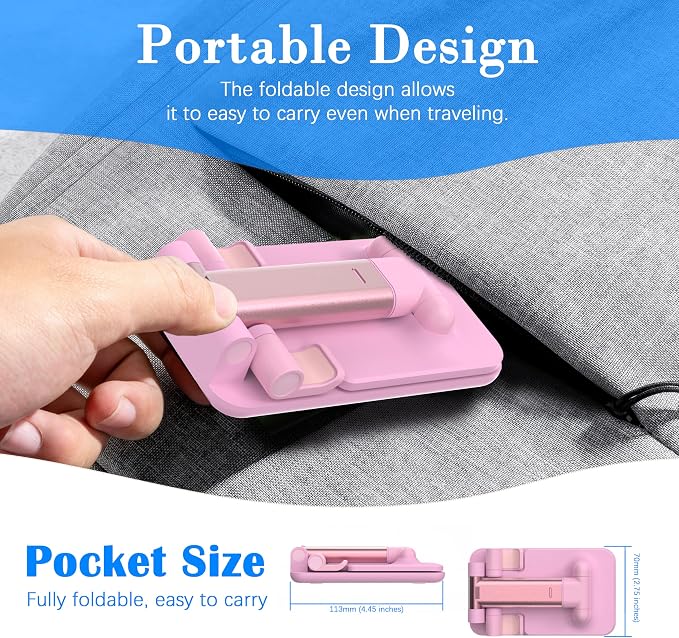 Cell Phone Stand, Adjustable Angle and Height Cell Phone Holder for Desk, Foldable and Portable, Anti-Slip Silicone Pad, Compatible with All Mobile Phones and 4-8 Inch Devices (Pink&Green)