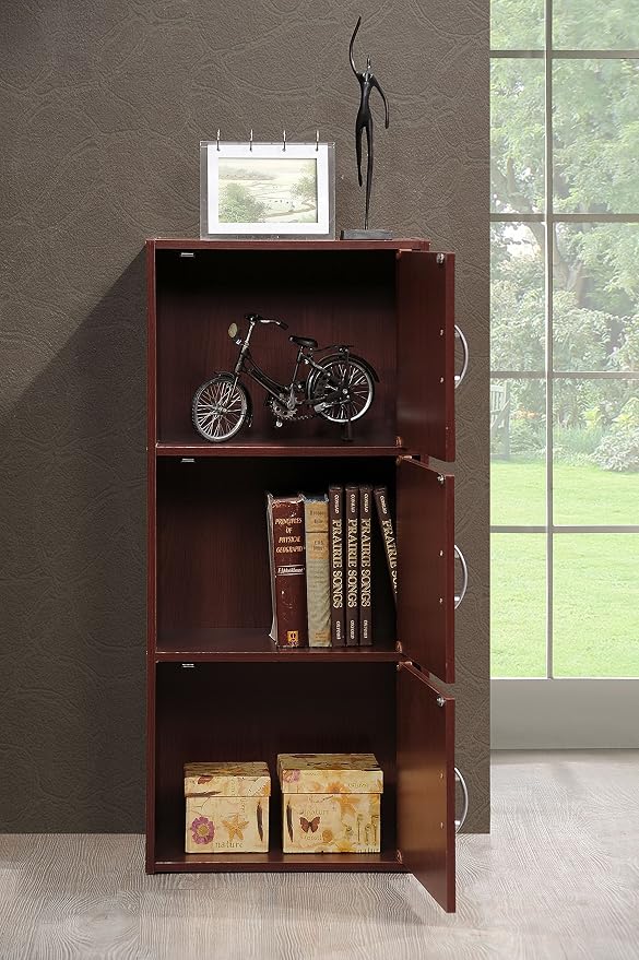 Hodedah 3-Shelf, 3-Door Bookcase in Mahogany