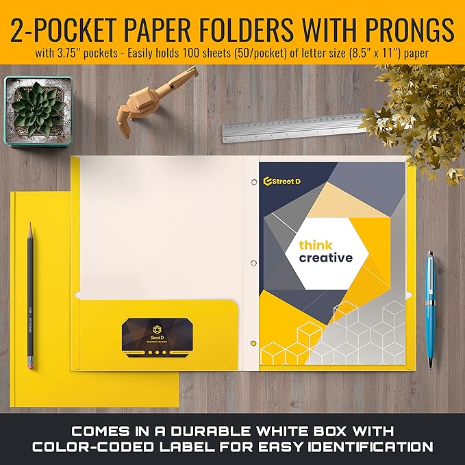 Better Office Products Yellow Paper 2 Pocket Folders with Prongs, 50 Pack, Matte Texture, Letter Size Paper Folders, 50 Pack, with 3 Metal Prong Fastener Clips, Yellow