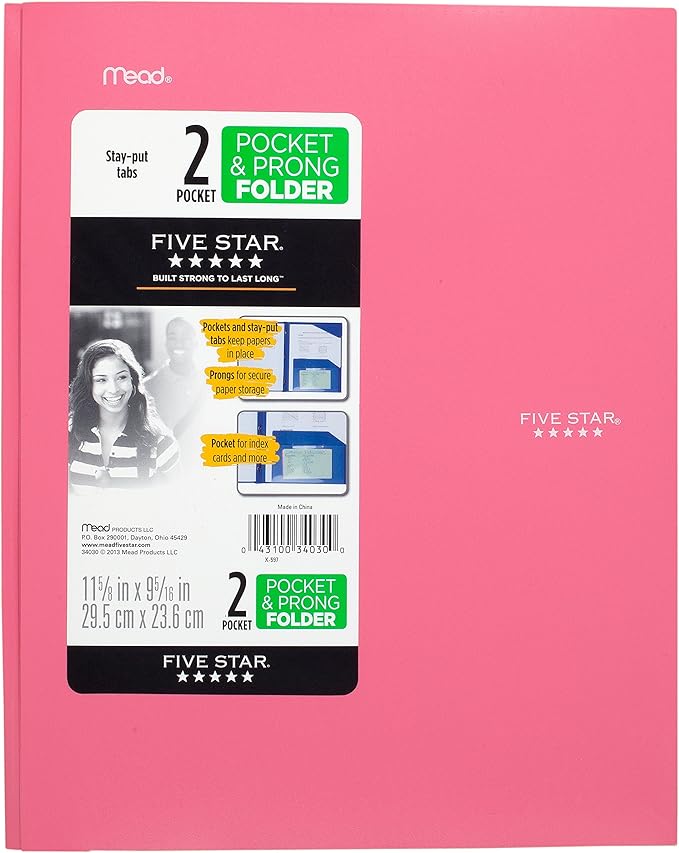 Five Star 2-Pocket Folder, Stay-Put Folder, Plastic Colored Folders with Pockets & Prong Fasteners for 3-Ring Binders, For Home School Supplies & Home Office, 11” x 8-1/2”, Pink (72105)