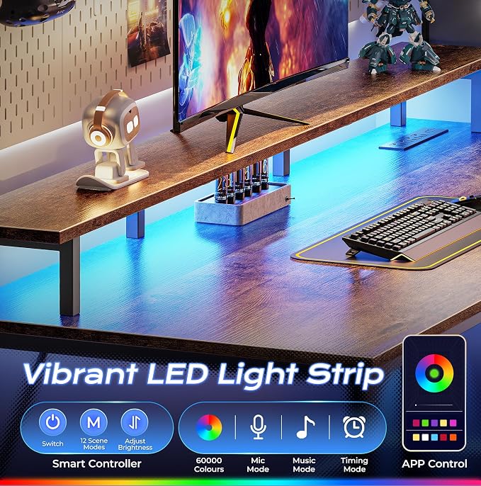 55 inch Gaming Desk, LED & Outlets, Monitor Stand, Rustic Brown | Sturdy PC Desk for Home Office, Study & Work, LED Lights, 4 AC Outlets & USB-C Charging Station