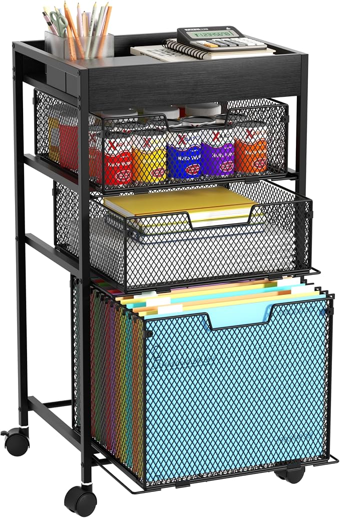SWTYMIKI Rolling File Cart with Drawers - 4 Tier Under Desk Storage Craft Rolling Organizer Cart - Office Storage &Organization, Mobile Metal Filing Cabinet for Office and Home Black