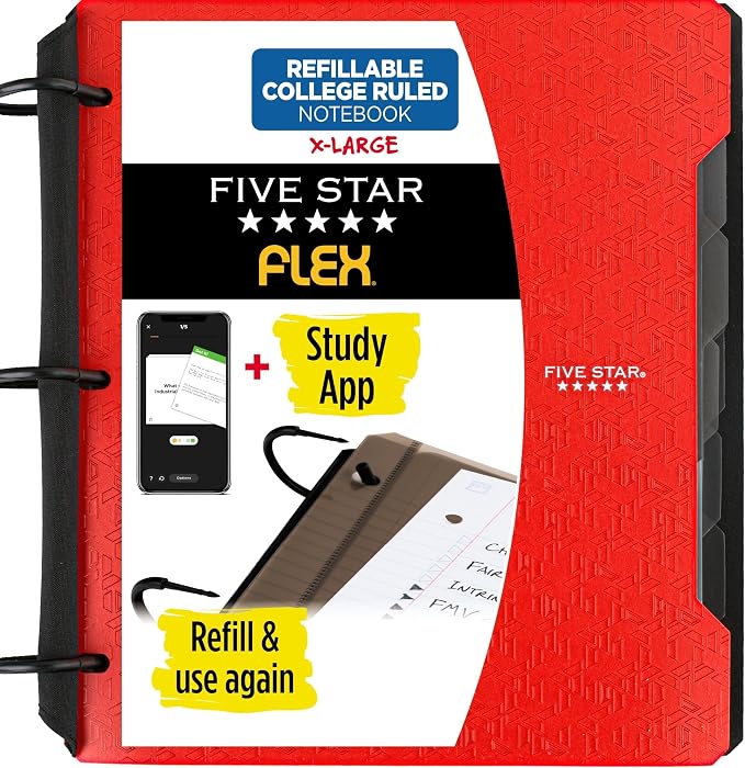 Five Star Flex Refillable Notebook + Study App, College Ruled Paper and 1-1/2 Inch TechLock Ring Binder with Pockets, Tabs and Dividers, 300 Sheet Capacity, Fire Red (29324AB2) (Pack of 6)