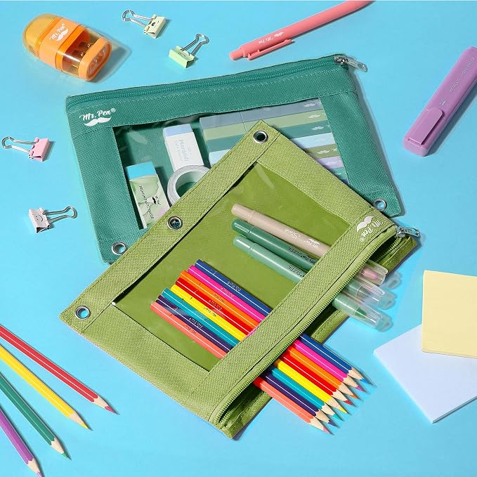 Mr. Pen- Pencil Pouch for 3 Ring Binder, 2 Pack, 10"x6.75", Smooth Zipper | Clear Window, Large Capacity Pencil Case with 3 Reinforced Grommets for School, Office, Supplies Storage | Clear Window, Large Capacity Pencil Case with 3 Reinforced Grommets f...