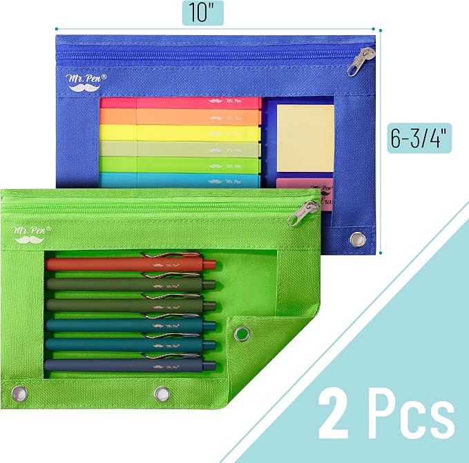 Mr. Pen- Pencil Pouch for 3 Ring Binder, 2 Pack, 10"x6.75", Smooth Zipper | Clear Window, Large Capacity Pencil Case with 3 Reinforced Grommets for School, Office, Supplies Storage
