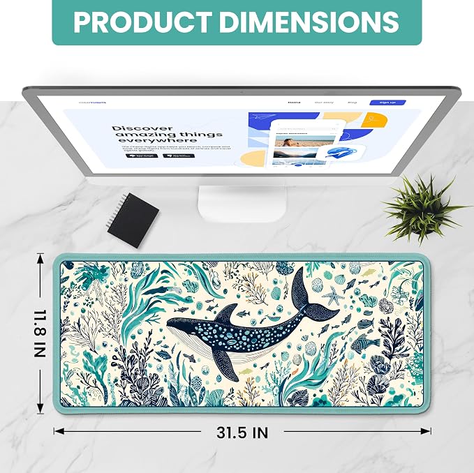 Aesthetic Desk Mat, Cute Drifting Whales Desk Pad Protector for Work & Decor, 31.5" x 11.8", Pretty Non-Slip Extended Mouse Pad for Office or Home