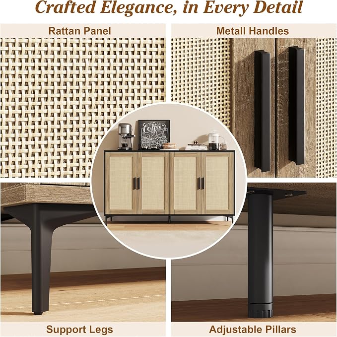 JASIWAY Sideboard Buffet Cabinet with Storage, 48" Rattan Coffee Bar | Credenza Storage Cabinet With Doors and Shelves, Black Rattan Cabinet for Dining Room, Entryway and Living Room, Anti-Tip
