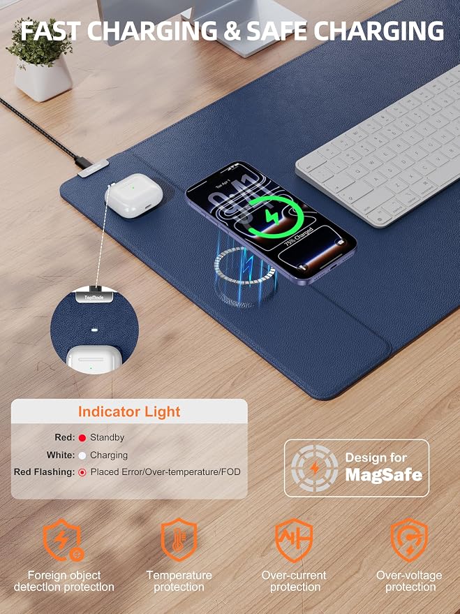 TopMade Mouse Pad with 15W Wireless Charging, XXL Large Leather Desk Mat, Waterproof Gaming Mousepad Home Office Desk Pad Protector, Computer Keyboard Pad, Mouse Mat for MacBook, PC, Laptop, Blue