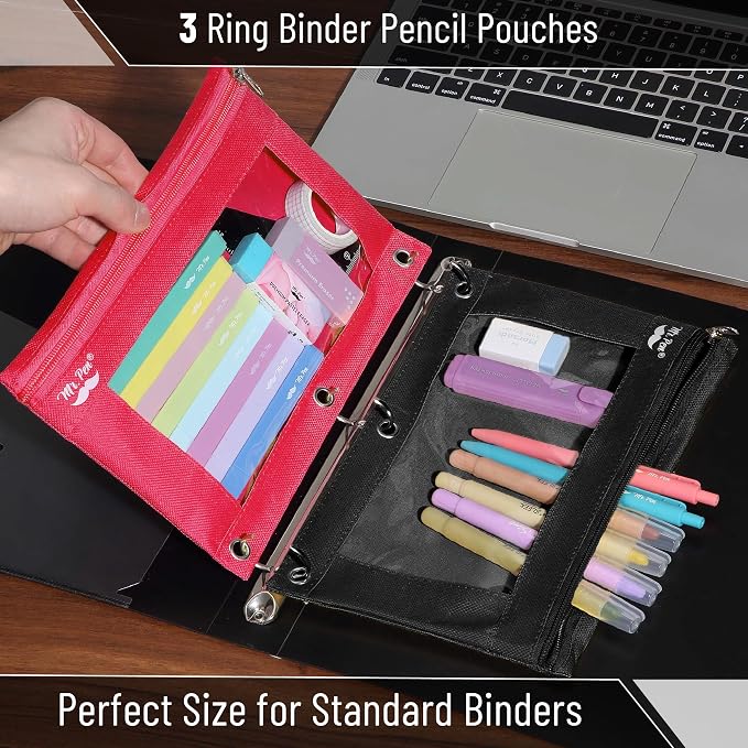 Mr. Pen- Pencil Pouch for 3 Ring Binder, 2 Pack, 10"x6.75", Smooth Zipper | Clear Window, Large Capacity Pencil Case with 3 Reinforced Grommets for School, Office, Supplies Storage