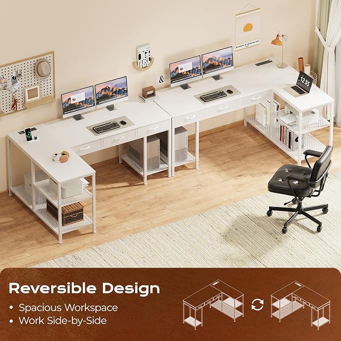 55 Inch L Shaped Office Desk with Power Outlets and Type-C Port, Large Computer Gaming Desk with 3 Fabric Drawers, Mesh Shelves, Corner Study Work Writing Desk, White