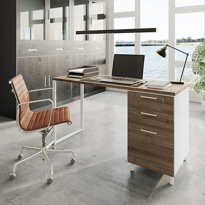 Modern Design Milano Office Desk with 3 Locking Drawers, 48 Inch White and Walnut Industrial Wood Desk with Filing Drawer and Storage, by Crafts and Comfort