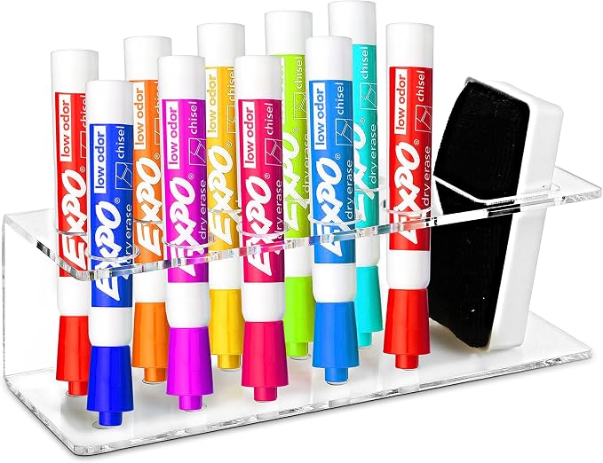 MyGift Acrylic Dry Erase Marker Holder, 10 Slot Whiteboard Organizer | Ten compartments organize markers, erasers, and board tools with a clear design for classrooms, offices, and workspaces