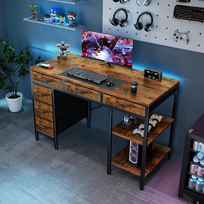 OLIXIS 47 Inch Computer Desk with 6 Fabric Drawers, for Home Office Work | 6 Fabric Drawers & Reversible Gaming Desk, Office Workstation, Corner Desk with Storage, Home Office,Living Room,Dorm, Brown