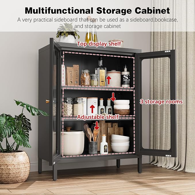 Bevivog Small Display Cabinet with Glass Doors, 12" Shallow Metal Storage Cabinet Short Bookcase with Two Doors Two Shelves for Home Office Living Room