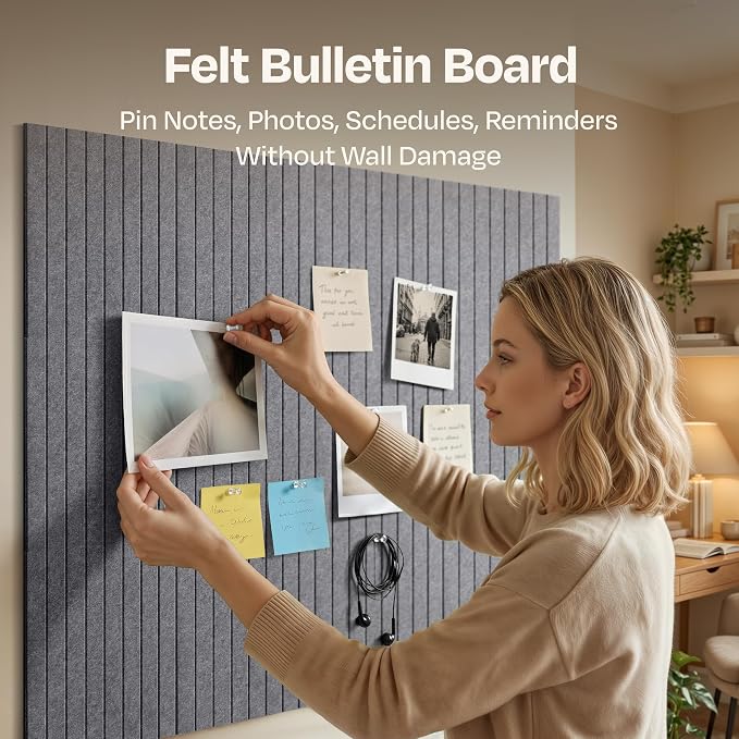 X-Large Cork Board Alternative 12-Pack Felt Bulletin Board Thick and Decorative Pin Board for Home Office Walls 47.24 x 35.43 Inches with 72 Adhesive Tabs - [Pebble Gray]