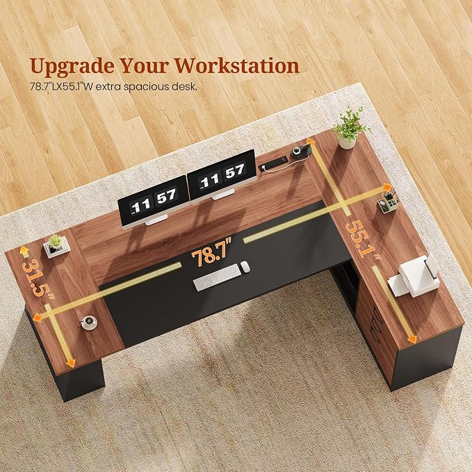 78.7" L Shaped Executive Desk with Power Outlets, Extra Large Office Desk with Drawers & File Cabinet, Modern Corner Computer Desk with Storage Shelves, Business Furniture, Walnut & Black