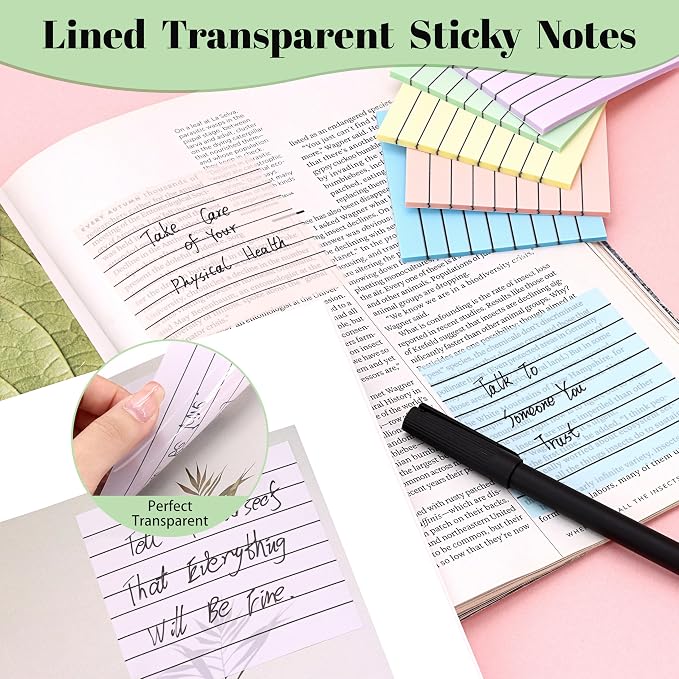 Transparent Sticky Notes Lined 300 Sheets 3"X3" Bright Morandi PET Material | Clear Translucent Self-Adhesive Sticky Notes for Back to School & Office Supplies, See Through Reveals Underlying Bible Text