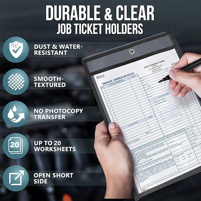 50 Pack Job Ticket Holders 9x12 Heavy Duty - Automotive Work Order Plastic Sleeves - Clear Shop Ticket Holders - Repair Order Sleeves - Plastic Sleeve for Paper - Dry Erase Pockets - Work Order Folder