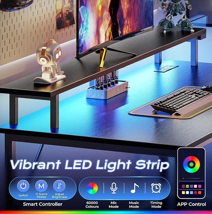 40 inch Gaming Desk, LED & Power Outlets, Monitor Stand, Black | Sturdy PC Desk for Home Office, Study & Work, LED Lights, 4 AC Outlets & USB-C Charging Station