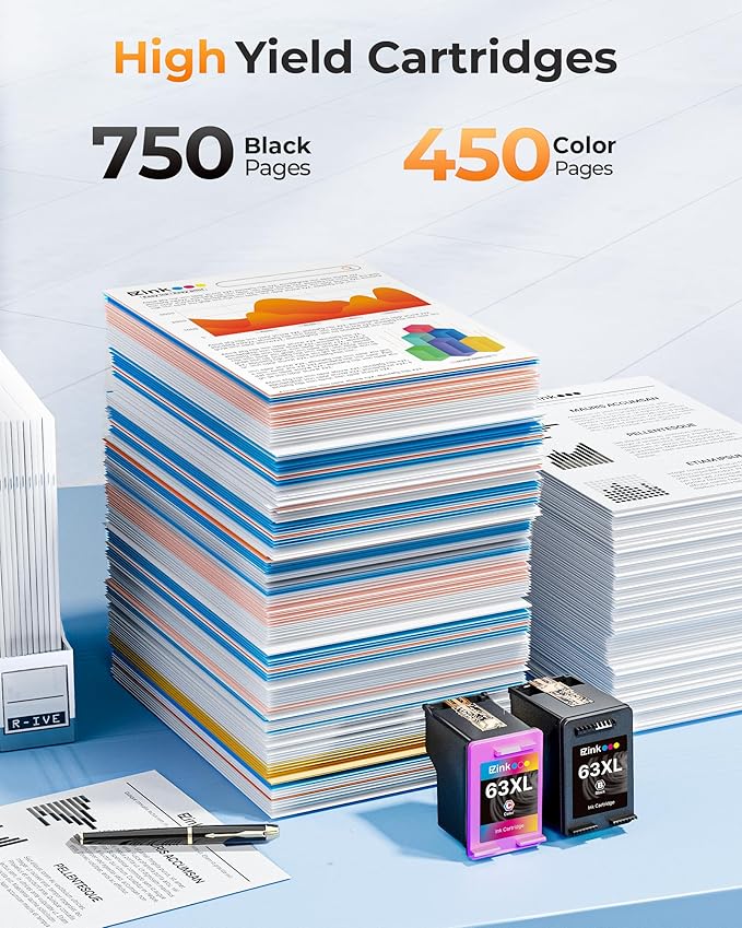 63XL Ink Cartridges Black and Color Remanufactured Replacement for HP Ink 63 for HP 63XL Ink Cartridges Combo Pack Work for Officejet 4650 3830 3833 5255 5258 Envy 4520 Deskjet 1112 3637 (2 Pack)